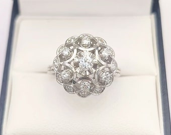 Grote vintage platina diamanten ring met bloemen