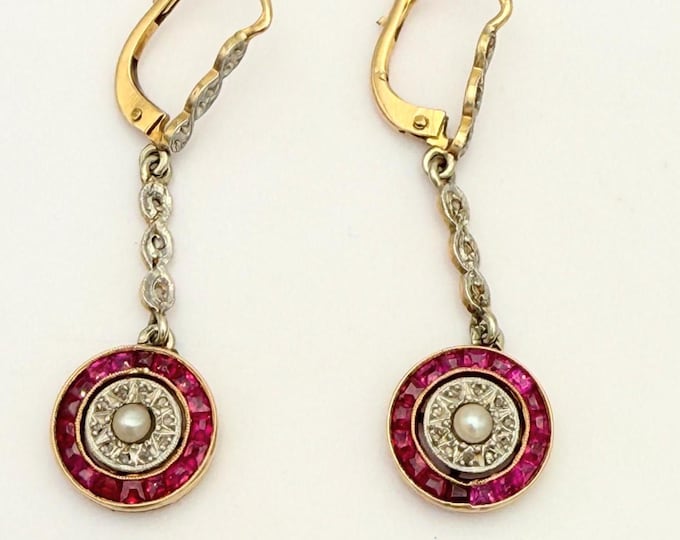 French Art deco 18K gold drop earrings with ruby