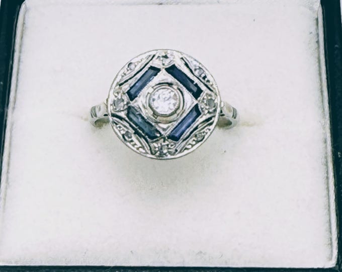 French art deco 18K gold and platinum diamond and sapphire ring