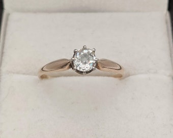 Antique old mine cut diamond 14K gold and platinum solitaire ring