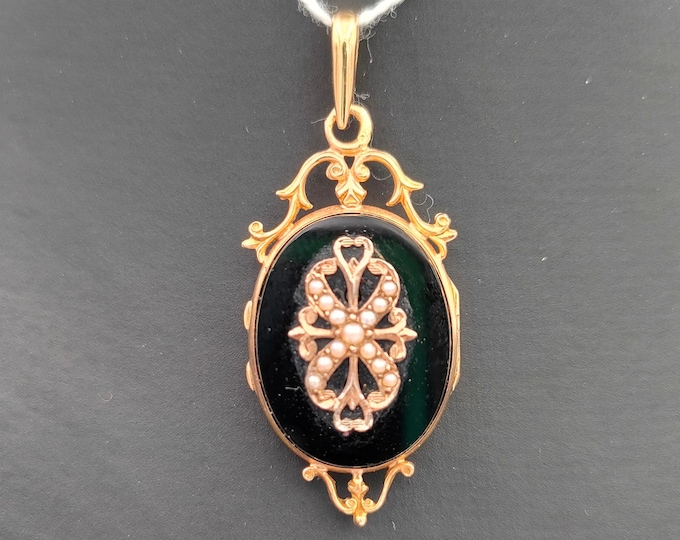 Antique 18K gold locket with onyx and seed pearls