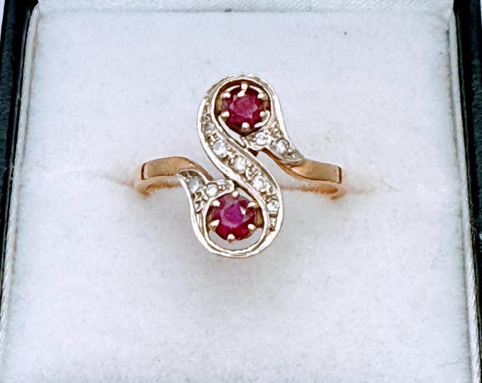 Antique ruby and diamond 18K gold love ring