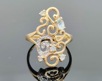 Vintage Franse barokke aquamarijn en diamanten gouden ring