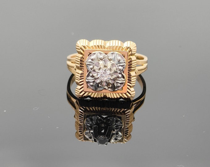 Retro French 18K gold square diamond ring