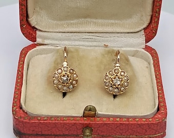 Franse antieke 18K gouden oorbellen met diamant en parel