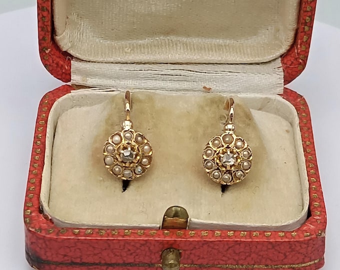 French antique 18K gold drop earrings with diamond and pearl