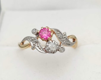 Antieke 18K gouden ring met diamant en robijn toi et moi, ca. 1900