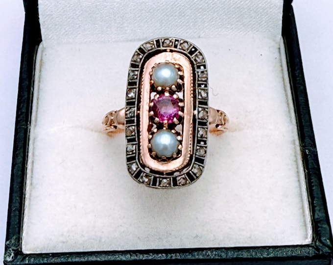 Antique 18K rose gold rectangle ring with pearl ruby and diamond