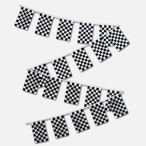 May include: A black and white chequered flag garland with 14 flags. The garland is strung together with white string. The flags are made of fabric and have a black and white chequered pattern.