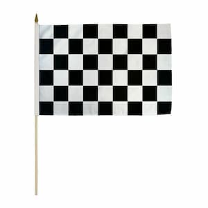 May include: A black and white checkered flag on a wooden stick. The flag is a traditional racing flag.