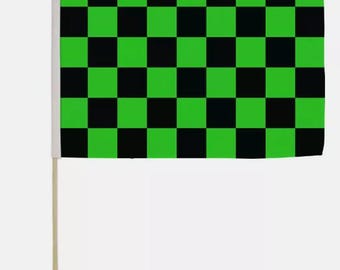 12x18 Inches 12 x 18 Black and Green Checkered Stick Flag wood Staff