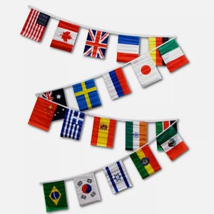 May include: A string of colorful flags representing different countries, including the United States, Canada, United Kingdom, France, Japan, China, Australia, Greece, Spain, India, Mexico, Ethiopia, Israel, South Korea, and Brazil.