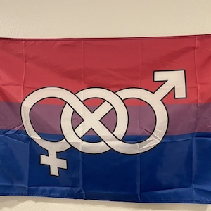 May include: A bisexual pride flag with a red, purple, and blue horizontal stripe pattern. The flag features a white symbol of an intertwined circle and an arrow, representing the union of two genders.