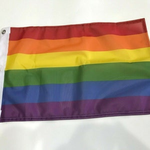 May include: A rainbow pride flag with six horizontal stripes in the colors red, orange, yellow, green, blue, and purple. The flag is made of a lightweight fabric and has grommets on the left side for hanging.