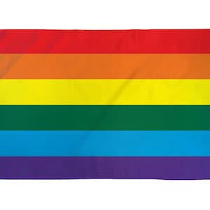 May include: A rainbow pride flag with six horizontal stripes in the colors red, orange, yellow, green, blue, and purple.