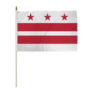 May include: A white flag with three red stars and three red horizontal stripes. The flag is attached to a wooden pole.