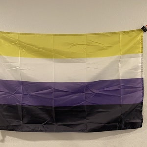 May include: A non-binary pride flag with yellow, white, purple, and black horizontal stripes. The flag is hanging on a white wall.