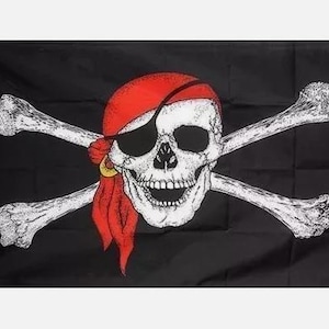 Pode incluir: Uma bandeira pirata preta com uma caveira e ossos cruzados brancos. A caveira está usando uma bandana vermelha com uma argola de ouro e um tapa-olho.
