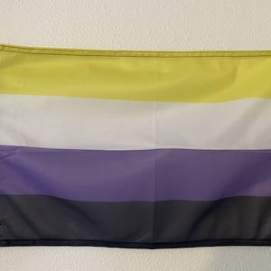 May include: A rectangular non-binary pride flag with horizontal stripes of yellow, white, purple, and black. The flag has a white border with grommets for hanging. The flag is displayed against a white wall.