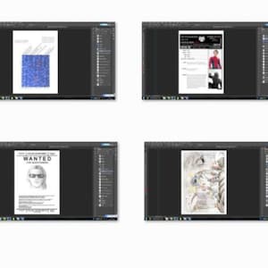 May include: Four computer screens displaying different images. The first screen shows a blue and white patterned design. The second screen shows a black and white poster with the text "WANTED FOR QUESTIONS". The third screen shows a black and white poster with the text "WANTED FOR QUESTIONS". The fourth screen shows a colorful illustration of a person.