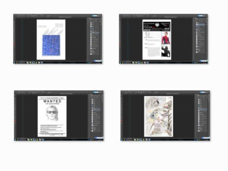 May include: Four computer screens displaying different images. The first screen shows a blue and white patterned design. The second screen shows a black and white poster with the text "WANTED FOR QUESTIONS". The third screen shows a black and white poster with the text "WANTED FOR QUESTIONS". The fourth screen shows a colorful illustration of a person.