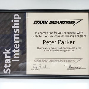 Custom Stark Internship Certificate Stark Industries Spiderman Certificate Peter Parker Cosplay Movie Props, Frame included