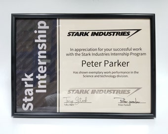 Custom Stark Internship Certificate Stark Industries Spiderman Certificate Peter Parker Cosplay Movie Props Replica, Frame included