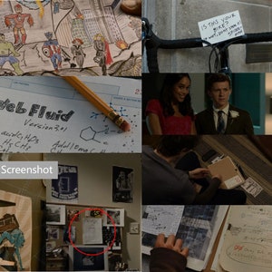 May include: A collage of movie screenshots featuring a drawing of superheroes, a handwritten chemical formula for web fluid, a close-up of a brown folder, a note on a bicycle that says "Is this your bike? If not, don't steal it! Spider-Man", and a close-up of a handwritten note on a corkboard.