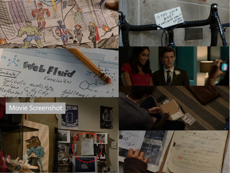 May include: A collage of movie screenshots featuring a drawing of superheroes, a handwritten chemical formula for web fluid, a close-up of a brown folder, a note on a bicycle that says "Is this your bike? If not, don't steal it! Spider-Man", and a close-up of a handwritten note on a corkboard.