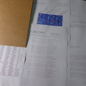 May include: A black and white document with the text "OSCORP INDUSTRIES" at the top. The document contains a table with data and a graph with blue and red squares.
