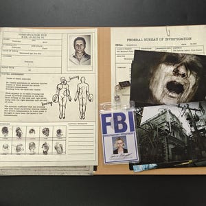 May include: An open manila folder containing various documents and photographs related to an investigation. Includes an identification file with a photo, a Federal Bureau of Investigation document, and crime scene photos. An FBI badge is also visible.