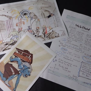 May include: Three drawings on white paper. The first drawing shows a group of superheroes fighting in a city. The second drawing shows a blue creature carrying a wooden structure. The third drawing is a handwritten lab report with the title "Web Fluid" and instructions for making the fluid.