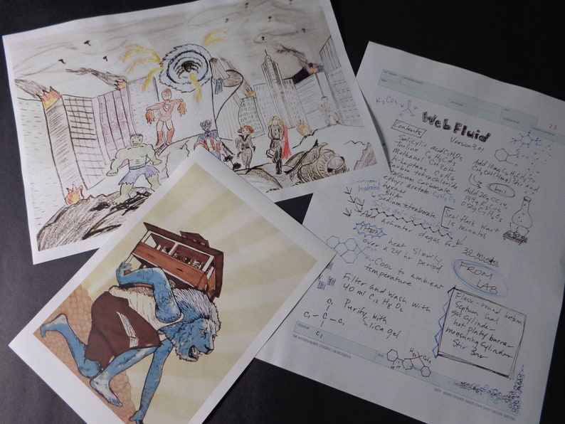 May include: Three drawings on white paper. The first drawing shows a group of superheroes fighting in a city. The second drawing shows a blue creature carrying a wooden structure. The third drawing is a handwritten lab report with the title "Web Fluid" and instructions for making the fluid.