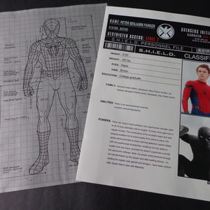 May include: A black and white line drawing of Spider-Man's anatomy on a gridded background. A S.H.I.E.L.D. personnel file for Peter Benjamin Parker, with a photo of Tom Holland as Spider-Man, lists his height as 5'10", eyes as hazel, hair as brown, and education as college graduate. The file also includes information about his family, abilities, and powers.