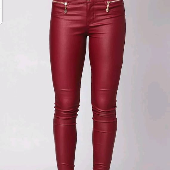 WOMENS SUPER SKINNY FIT HIGH WAIST 3 BUTTON LEATHER WET LOOK PANTS TROUSERS UK