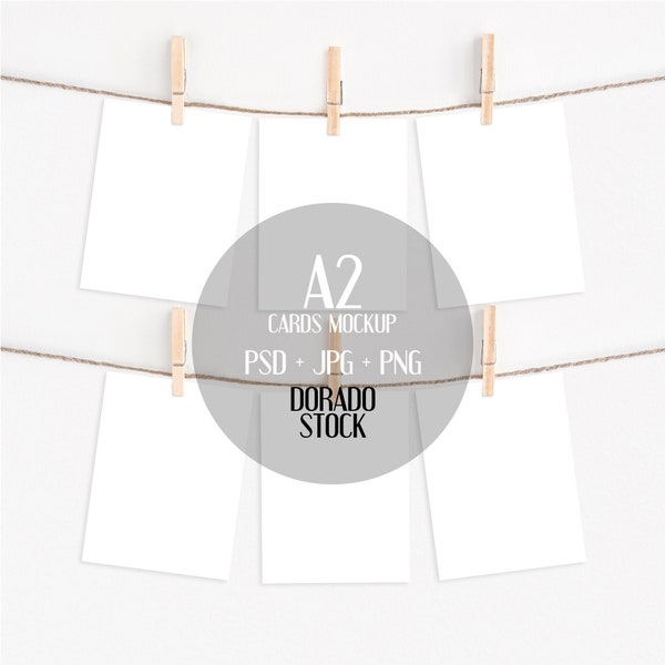 A2 or 4.25x5.5 card set mockup with clothespins