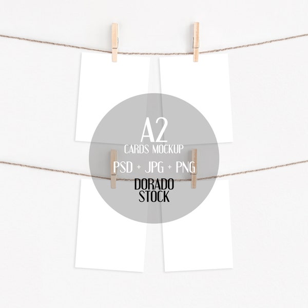 A2 or 4.25x5.5 card set mockup with clothespins