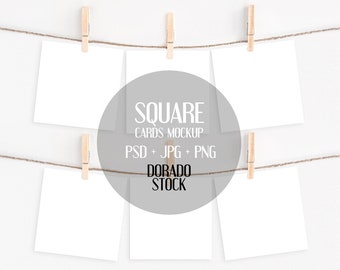 Square cards set mockup with clothespins