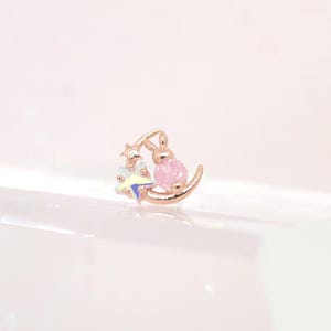 Bunny on the Moon Stud Earring Helix Conch Labret Tragus Flat back Cartilage Piercing dainty minimalist 16g titanium 20g ear jewelry gift