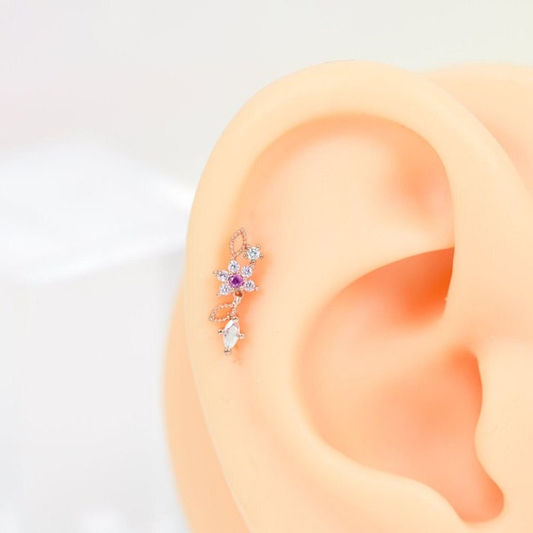 Flower leaves Ear Climber Earrings Piercing Small Stud Earring Cartilage Conch Flat Back Helix Rook Labret Ear Piercing