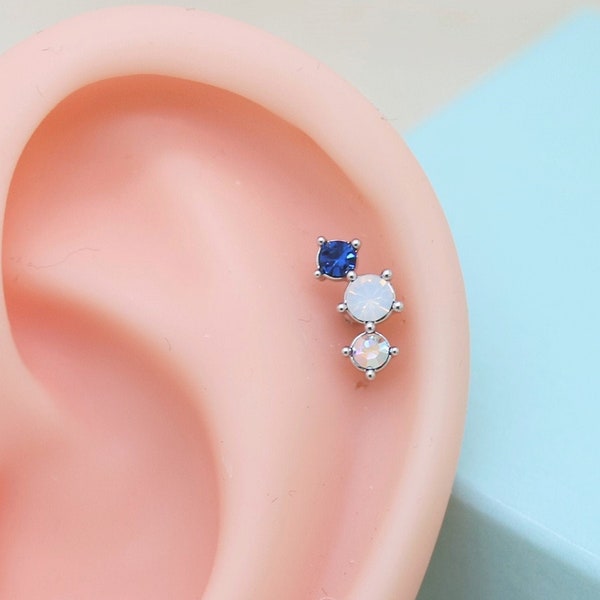 16G Tri Color Blue Moonstone AB Crystal Stud Earring Helix Cartilage Conch Piercing