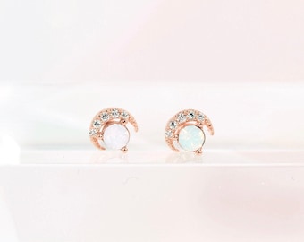 Crescent Moon with Round Moonstone Small Stud Earring Helix Earring Daith Cartilage Conch Studs Tragus flat back Earring labret jewelry gift