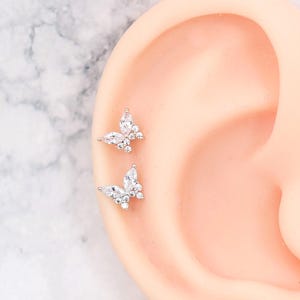 Crystal Butterfly Earring Silver Stud Earring Helix Cartilage Tragus Flat back Conch Piercing gift ear jewelry 16g 20g flat back labret