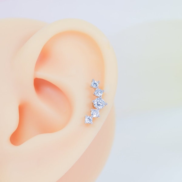 Crystal Ear Climber Earring Stud Piercings Tragus Rook Helix Conch Flat back Cartilage Piercing