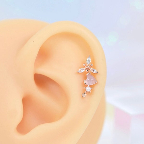 Pink Moonstone Heart Clover Flower Pearl Ear Climber Crystal Piercing Helix Cartilage Conch Daith Tragus Rook Earrings