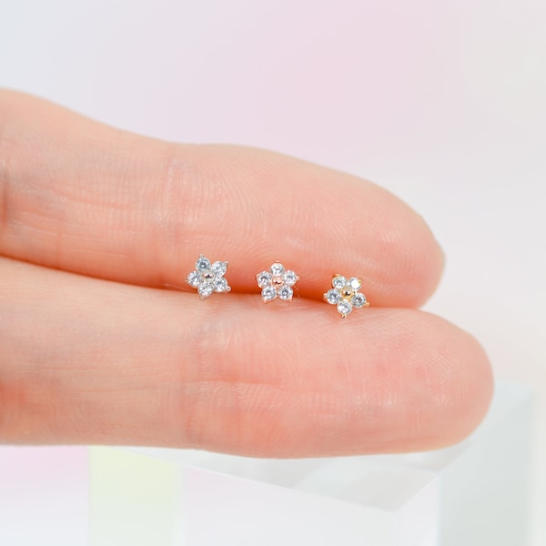Tiny Flower Stud Earring Tragus piercing Helix Rook Conch Flat back Cartilage Piercing