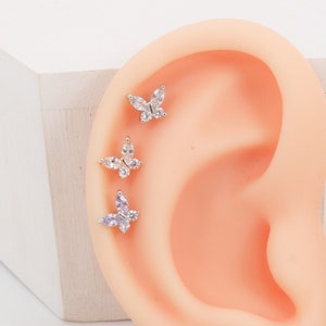Small Crystal Butterfly Earring Cartilage Helix Labret Daith Tragus Flat back Conch Piercing dainty 16g gift tiny minimalist jewelry