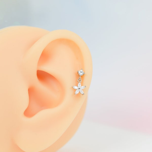 White Moonstone Flower Dangle Earring Stud Piercings Cartilage earrings Helix earrings Tragus earrings Conch Rook Stud Korean Cute earrings