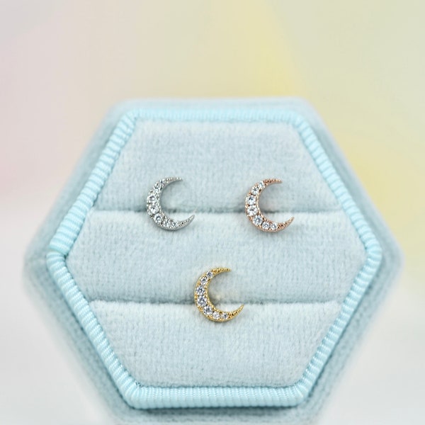 Tiny Crystal Moon Earring Stud Piercings Tragus Rook Helix Conch Flat back Cartilage Piercing