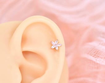 Pink Moonstone Crystal Rose Gold Flower aloha Stud Earring Helix Cartilage Daith Tragus Conch Rook Piercing